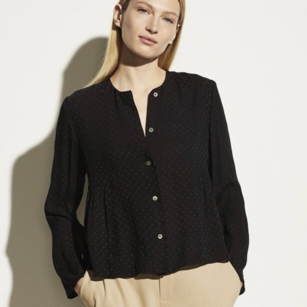 Vince Dot Jacquard Ruched Paneled Silk Blouse in Black Size XXSmall